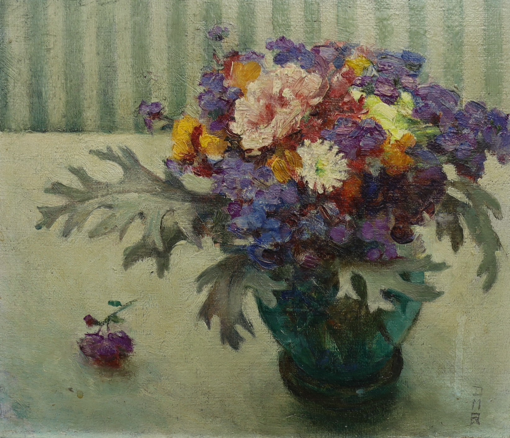 Manner of Diana Maxwell Armfield, oil on board, Still life of a vase of flowers, bears initials, 23 x 27cm